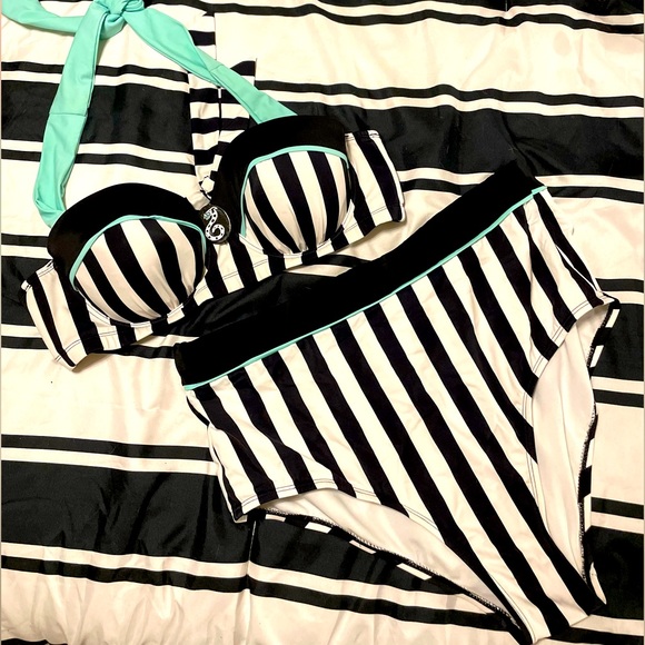 Hot Topic Other - Beetlejuice Striped Halter Swim Top and High-Waisted Swim Bottoms